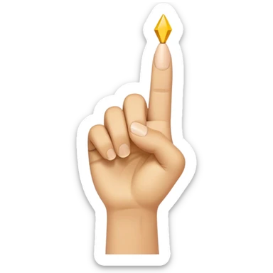 A finger being held up, the finger is yellow and the tip of the pointer finger is brown sticker