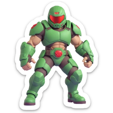 doom guy, iconic green armor, helmet, muscular, action pose, video game character sticker