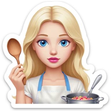 Cinematic realistic beautiful blonde with long hair, blue eyes and pink lips in a white dress cooks sticker