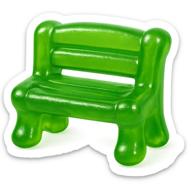 a green gummy candy shaped like a bench, shiny and translucent, playful and cute, candy texture, soft and bouncy appearance, whimsical with a translucent jelly effect sticker