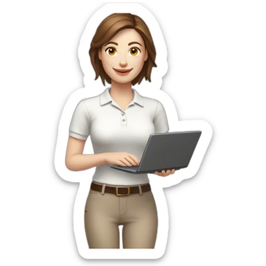 Smiling pale skin woman wearing a white woolly polo shirt with middle brown straight hair holding a laptop and a coffee mug on her right hand not full body shot sticker