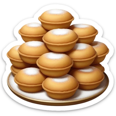 Cinematic Realistic image of simple round buñuelos, depicted with a lightly crisp, golden exterior and soft, airy interior, dusted with a subtle layer of powdered sugar and set against a rustic backdrop with warm, inviting lighting. sticker
