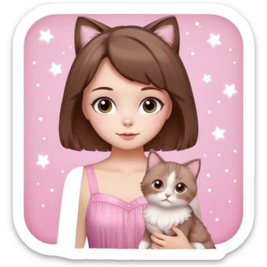 cute girl with short brown hair, soft girl makeup, sparkles, two light brown ragdoll cats, pink dreamy setting sticker