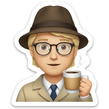 glasses long hair blonde man drink coffe with hat  sticker