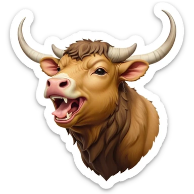 Cinematic Cute Yawning Domestic Ox Portrait Emoji, Head tilted slightly with a dramatic, wide-open yawn, showcasing a soft, textured hide with drooping horns and half-closed, drowsy eyes, Simplified yet irresistibly adorable features, highly detailed, glowing with a soft, cozy natural glow, high shine, relaxed yet expressive, stylized with a dash of pastoral whimsy, soft glowing outline, capturing the essence of a sleepy yet affectionate ox that seems ready to stretch out for a nap! sticker