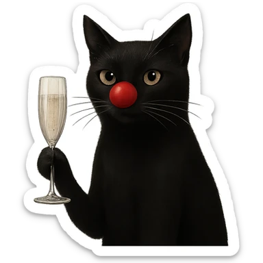 black cat with a red clown nose holding a glass of champagne, elegant and whimsical sticker