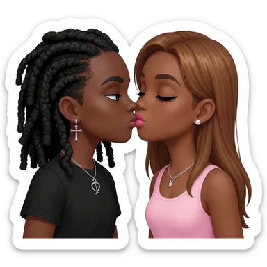 (Bimbo, pearl earrings stud, Light pink cute lips, long middle part with long honey brown hair, dark brown skin, playboy necklace with lashes, light pink sleeveless shirt, kissing the goth black girl with brown skin, cross earrings, ankh necklace with black dreadlocks with white paint on face sticker
