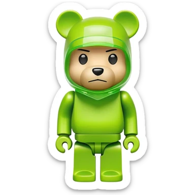 classic bearbrick toy figure with cubic head, wearing a lime green balaclava with clear aggressive eyebrows, blocky bear design not monkey sticker