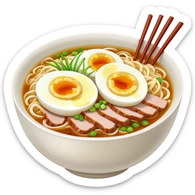 Create a realistic ramen bowl with broth, egg, pork slices & toppings. sticker