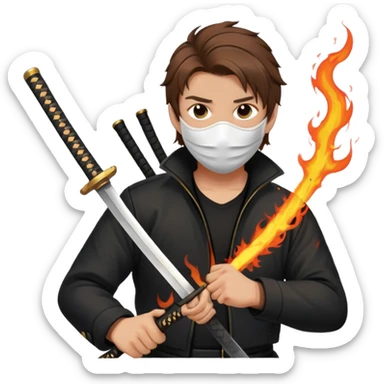 El personaje tiene que ser hombre cabello castaño un tapaboca una chaqueta negra el fondo blanco y una katana llena de fuego sticker