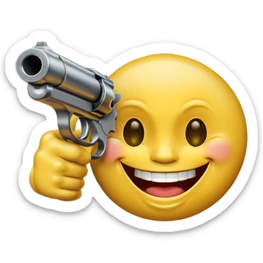 Yellow laughing face pointing gun at its own mount. The barrel of the gun is pointed towards the smile into the mouth. The back of the gun faces the viewer sticker