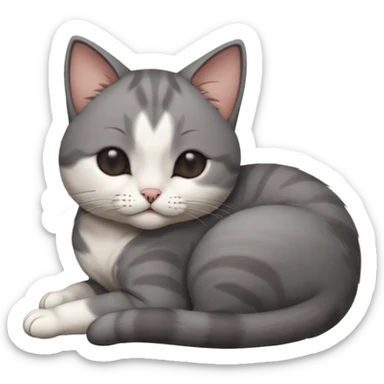 dark grey and white small cat with his eyes closed leaning his head on his paw while leaning on his elbow lying down sticker