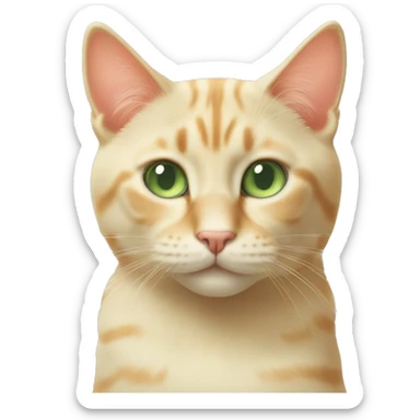 Blonde cat with sage green eyes and a salmon colored nose sticker