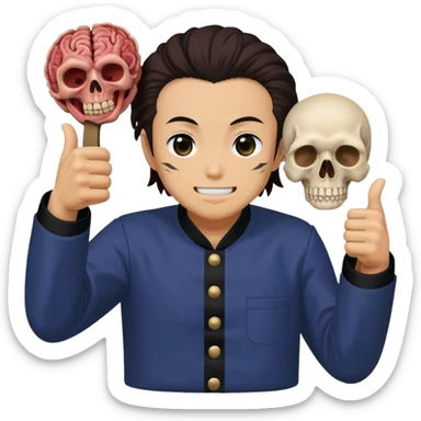 Tanjiro Kamado doing a thumbs up while holding Muzan’s dead head sticker