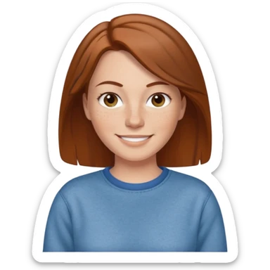 A 38 year old white woman with brown hair and freckles wearing a sweatshirt and jeans smiling sticker
