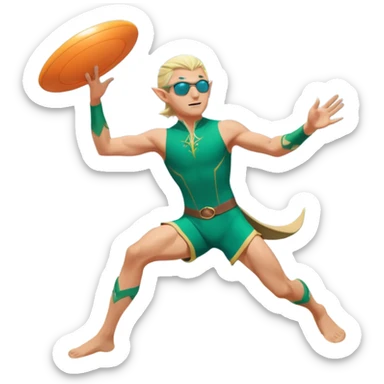 elf male legolas mid-action throw, launching a frisbee woven from pure sunlight, wearing sporty teal swim shorts and performance sunglasses, athletic pose, pointy ears, dynamic motion lines, beach sky backdrop, centered emoji sticker