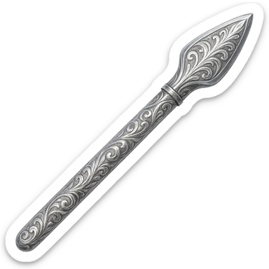 Engrave this steel spear with elegant silver engravings, keep it crisp, shiny, and slightly fancier than iron, realistic metallic steel, emoji style. Transparent background. sticker
