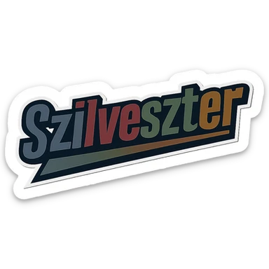 Text image of the name 'Szilveszter' in a masculine, modern, gradient font with precise Hungarian characters, dark contour, extra thick, prominent white border as in sample images, dynamic slanted underline, masculine color shades (blue, gray, burgundy, green, brown), 1000x1000 px, PNG, transparent background. sticker