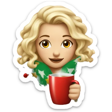 gorgeous girl with blond hair in cute Christmas blanket with mug of hot drink sticker