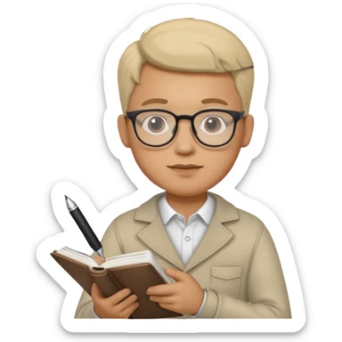 man hold a pen in hand write in book , wearing glasses sticker