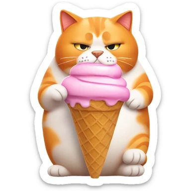 Fat orange cat who is sad eating ice cream cone sticker