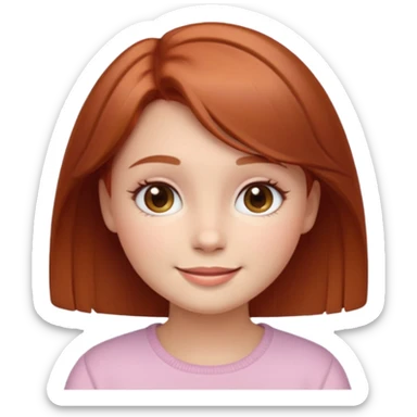 “Cute girly emoji portrait, warm friendly smile, short auburn hair with soft shine, rounded facial features, pastel color palette, subtle blush on cheeks, simplified facial details, soft gradient shading, cozy and feminine emoji style, clean light background. sticker
