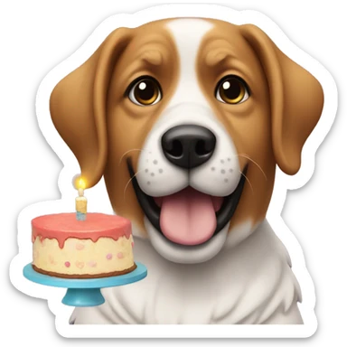 a dog with a cake that says take me back pls sticker