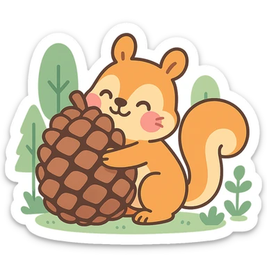 squirrel hugging a giant pine cone, forest kawaii illustration, pastel-toon style sticker