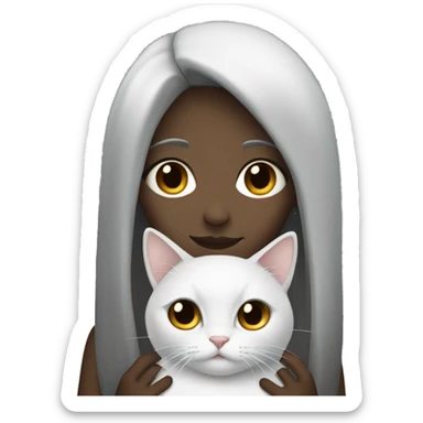 light girl with long dark hair and dark eyes, holding grey and white cat  sticker