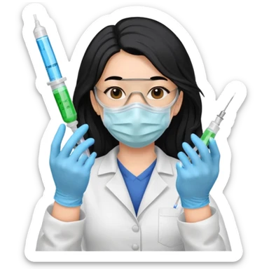 laboratorista con guantes  y mascarilla jeringa tubos  pelo negro largo triguella sticker