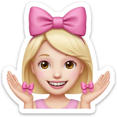 smiling emoji with a pink bow on head and hand placed on the teeth sticker