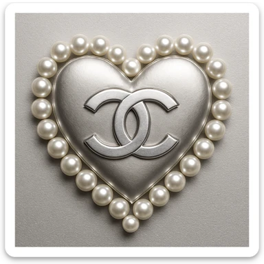 Design a Chanel heart in metallic silver, surrounded by pearls, with interlocking C's, embodying a refined and timeless aesthetic. sticker