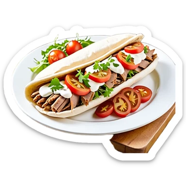 Döner im frisch aufgebackenen Fladenbrot, außen leicht knusprig, innen weich. Gefüllt mit saftigem Dönerfleisch, knackigem Salat, Tomaten, Zwiebeln und Kräutersauce. Warme Food‑Fotografie, hohe Details, natürliche Farben, appetitliche Präsentation, Fokus auf Texturen und Frische.“ sticker