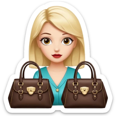 Glam girl with eyelasher looking left and right between two purses, playful puzzled expression — can’t decide between two options sticker
