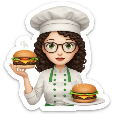 A female chef with glasses, dark brown long curly hair, White skin,Green eyes and cooking a burger sticker