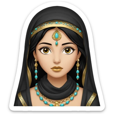  Mujer joven, morena, de gran belleza y porte misterioso.
Ojos grandes y negros, mirada intensa y fija; labios marcados.
-Cabello: Negro, largo y brillante, suele ir cubierto parcialmente por un velo o pañuelo oriental. Cuerpo conpletoVestimenta: Ropa de inspiración arabe brazaletes y pendientes.
 sticker