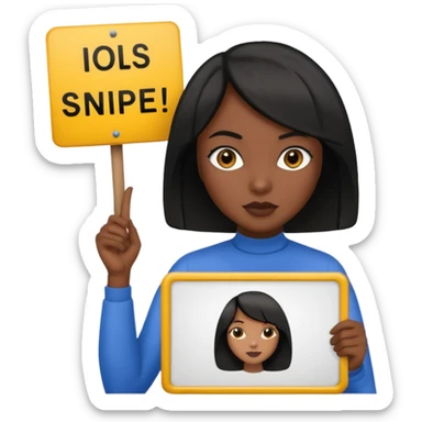 Dark skin woman with black bob in hair holding sign that says snipe  sticker