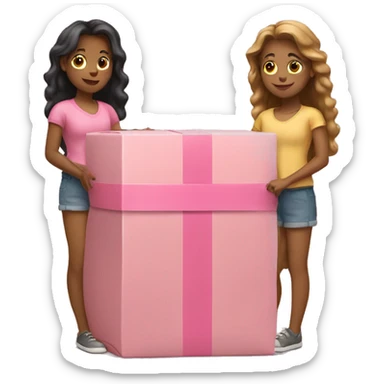 Two tan girls holding a pink long wide box  sticker