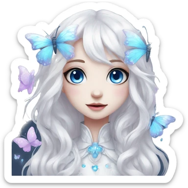 Edgy Cute Cool Kawaii gorgeous sparkly ethereal white fantasy animal with blue eyes sona with flowers and butterflies sticker