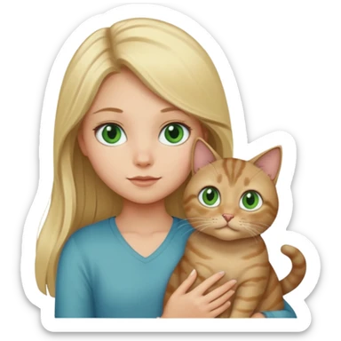 blonde girl with long blonde hair and blue eyes with tabby brown cat with green eyes and chubby gray cat with big green eyes sticker