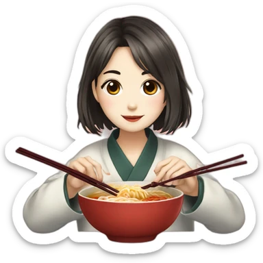 A girl who livres k-drama eating a ramen with chopstick sticker