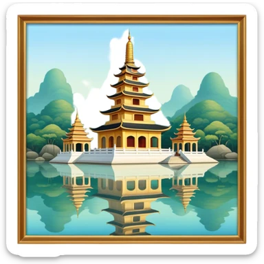 Cinematic Realistic Tran Quoc Pagoda Landmark Emoji, depicted with an ancient pagoda set on tranquil waters rendered with delicate textures and serene, reflective lighting. sticker