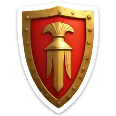A bright red, rectangular-shaped Roman legionary shield with bold golden edges and a central gold boss. The shield features subtle geometric patterns and a worn texture, symbolizing both protection and battle readiness sticker