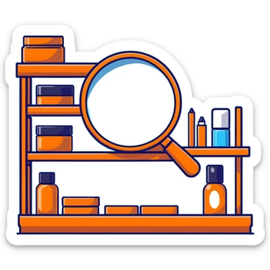 front view magnifying glass over empty orange beauty product shelf searching sticker