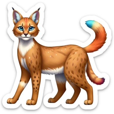 Vibrant multicolored Falvie-Fionbri-Bobcat-Caracal-creature-sparkle-feline-fursona, full body sticker