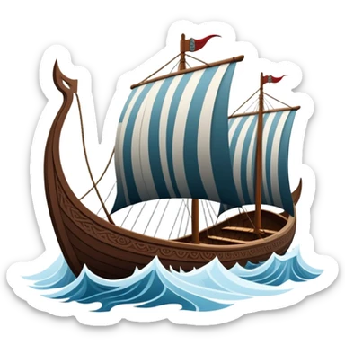 clash-of-clans-aesthetic_-cinematic-viking-longboat, rendered in a flat, bold vector style with minimal shading, featuring a striking dragon-headed prow slicing through icy, churning waters. The longboat’s intricately detailed shields and carved motifs evoke a sense of epic adventure and Nordic might, with billowing sails catching a dramatic, stormy sky backdrop. sticker