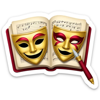 Create a bold and dramatic emoji representing the art of playwriting. The design should feature an open script or a theater playbook, with stylized text lines or dramatic dialogue inside. Include elements like a theatrical comedy and tragedy masks, a stage spotlight, or a writting quill to symbolize creativity and performance. Use deep, contrasting colors like red, black, and gold to evoke the intensity and passion of drama. The overall design should feel dramatic, inspiring, and artistic. Make the background transparent. sticker