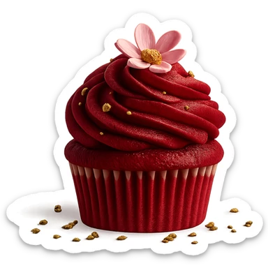 Change the icing to red velvet with a deep red, creamy texture, keep the realistic cupcake and accessories, photorealistic style, transparent background. sticker