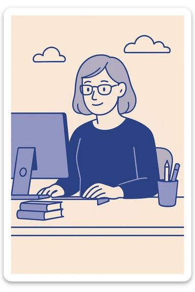 female teacher with grey hair at desk working in front of computer, clean modern illustration sticker