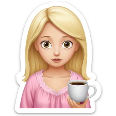A blonde woman in a pink nightgown with wide eyes looks for coffee. sticker